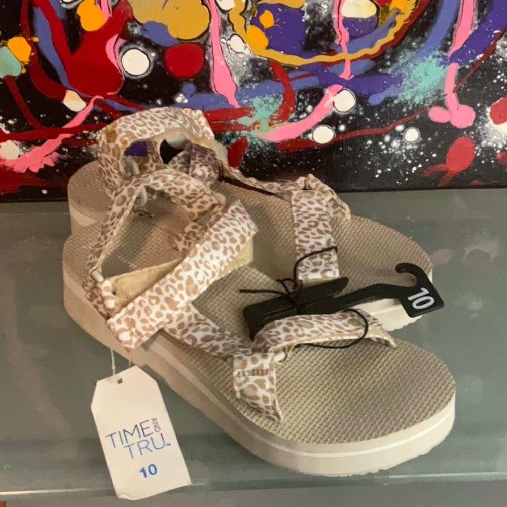 Time and Tru Tan and White Adjustable Sandals